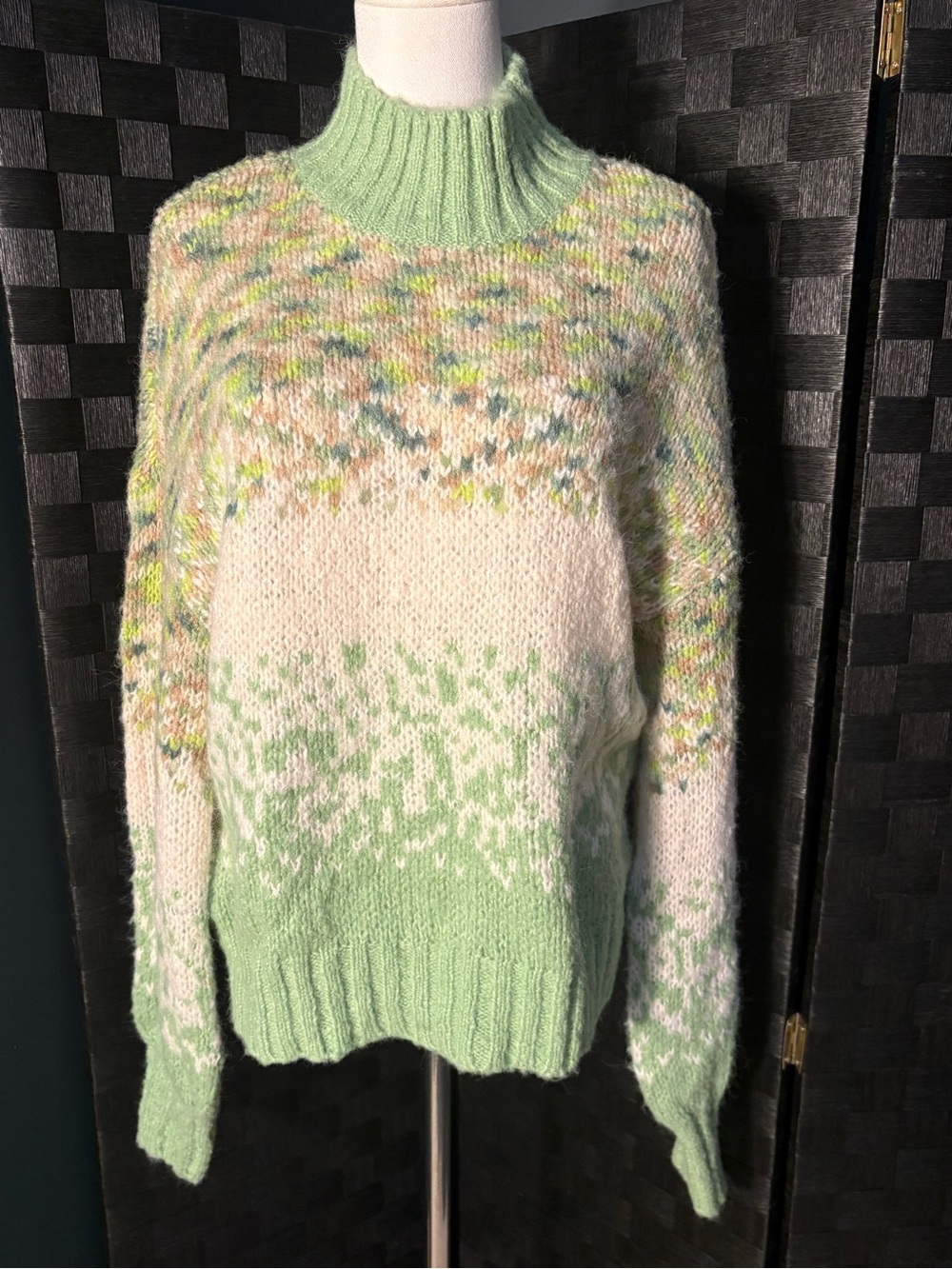 Aerie Sage and Cream Fair Isle Patterned Relaxed Fit Mockneck Knit Sweater